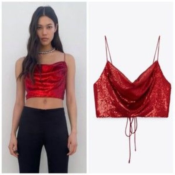 Zara Red Sequin Crop Top - Picture 2 of 2